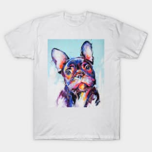 Oil bulldog muzzle portrait painting in multicolored tones. T-Shirt